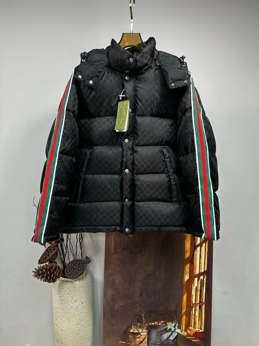 Black Monogram Puffer Jacket with Stripe Sleeves