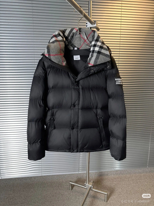 Black Luxury Puffer Jacket with Check Hood – Winter Essential